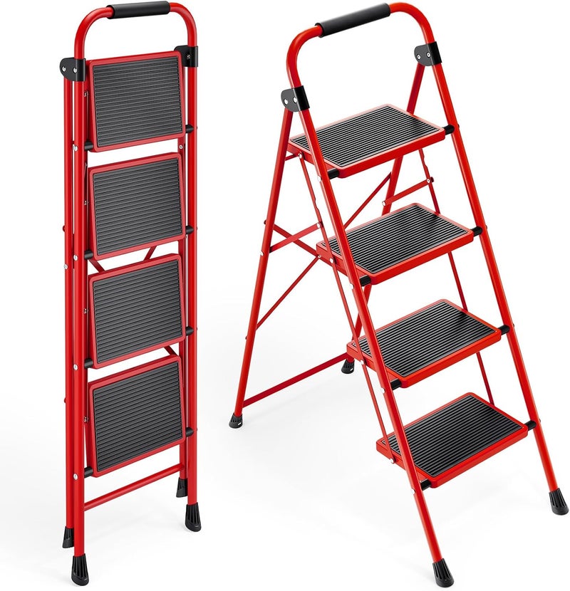 KINGRACK 4 Step Ladder, Folding Step Stool with Anti-Slip and Wide Pedal, Lightweight Stepladder with Handrails, Portable for Kitchen, Household, Red - Image 1